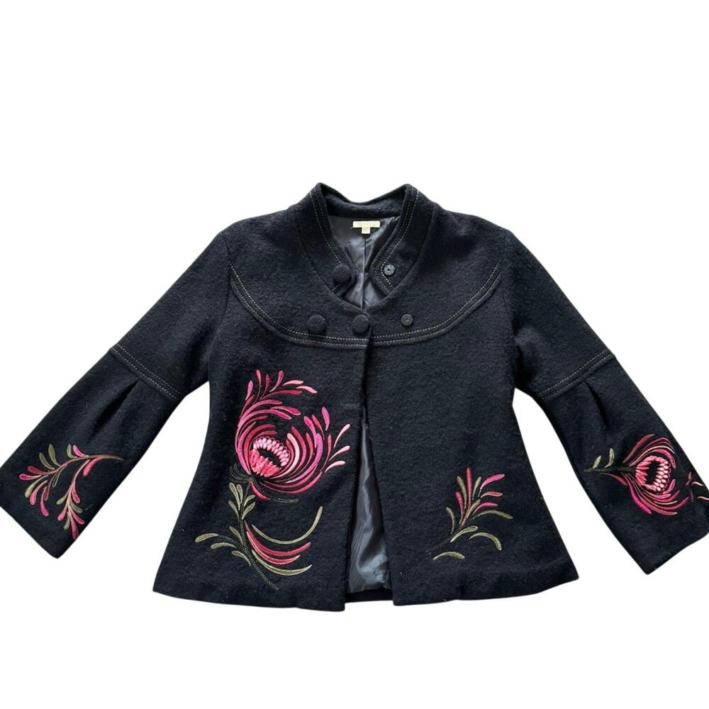 Carson Whimsical Wool Blend Womens XL Black Embroidered Vintage Boho Floral Coat